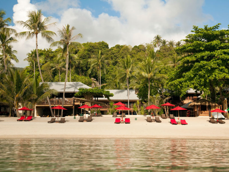 The red umbrellas of Anantara Rasananda, Koh Phangan Thailand.