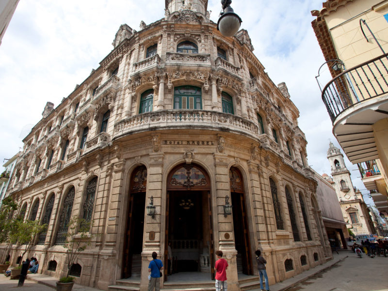 Baroque facade of Hotel Raquel in Old Havana, Cuba.