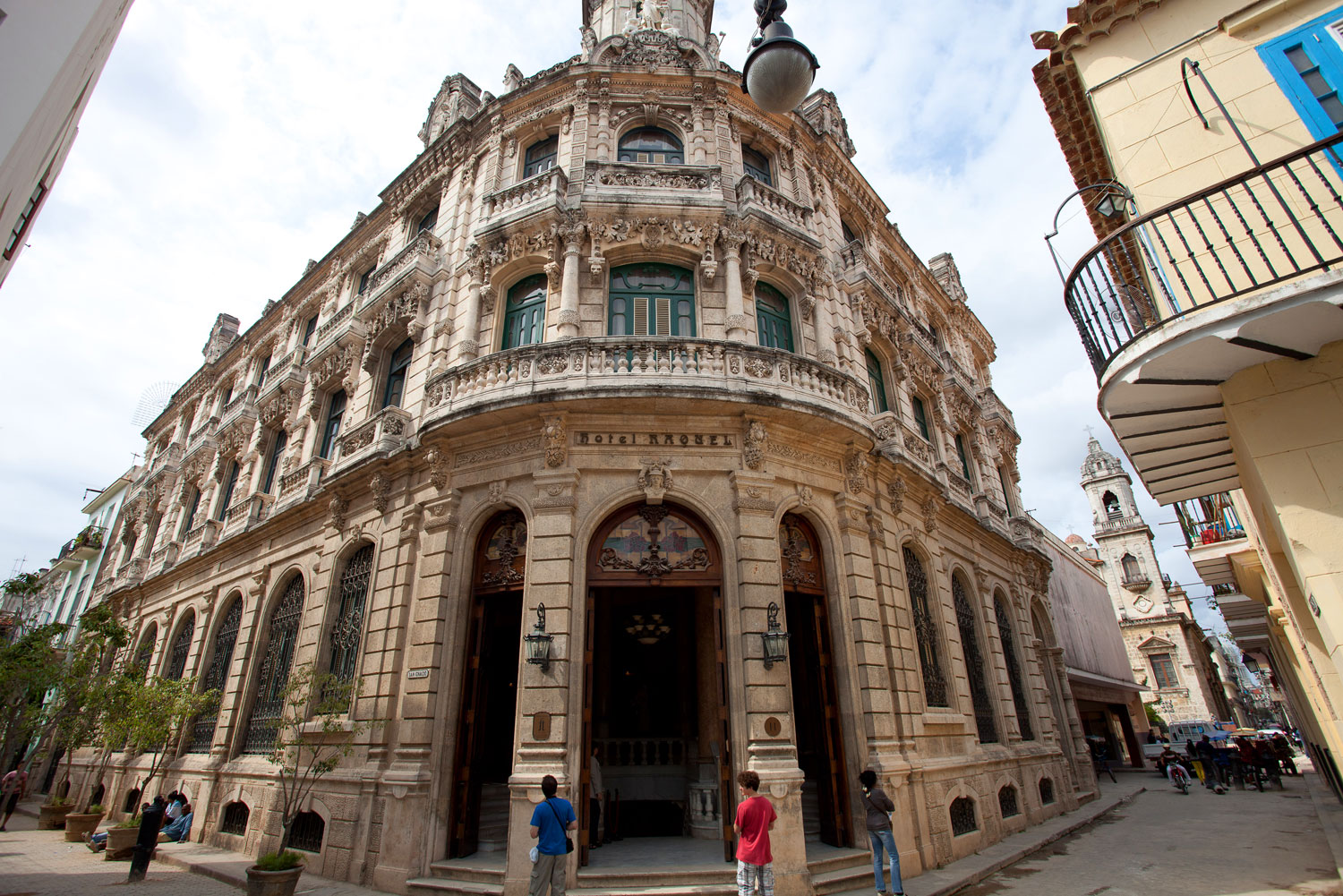 Baroque facade of Hotel Raquel in Old Havana, Cuba.