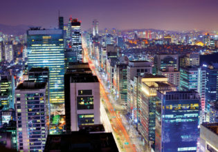 The Gangnam district in Seoul by night.