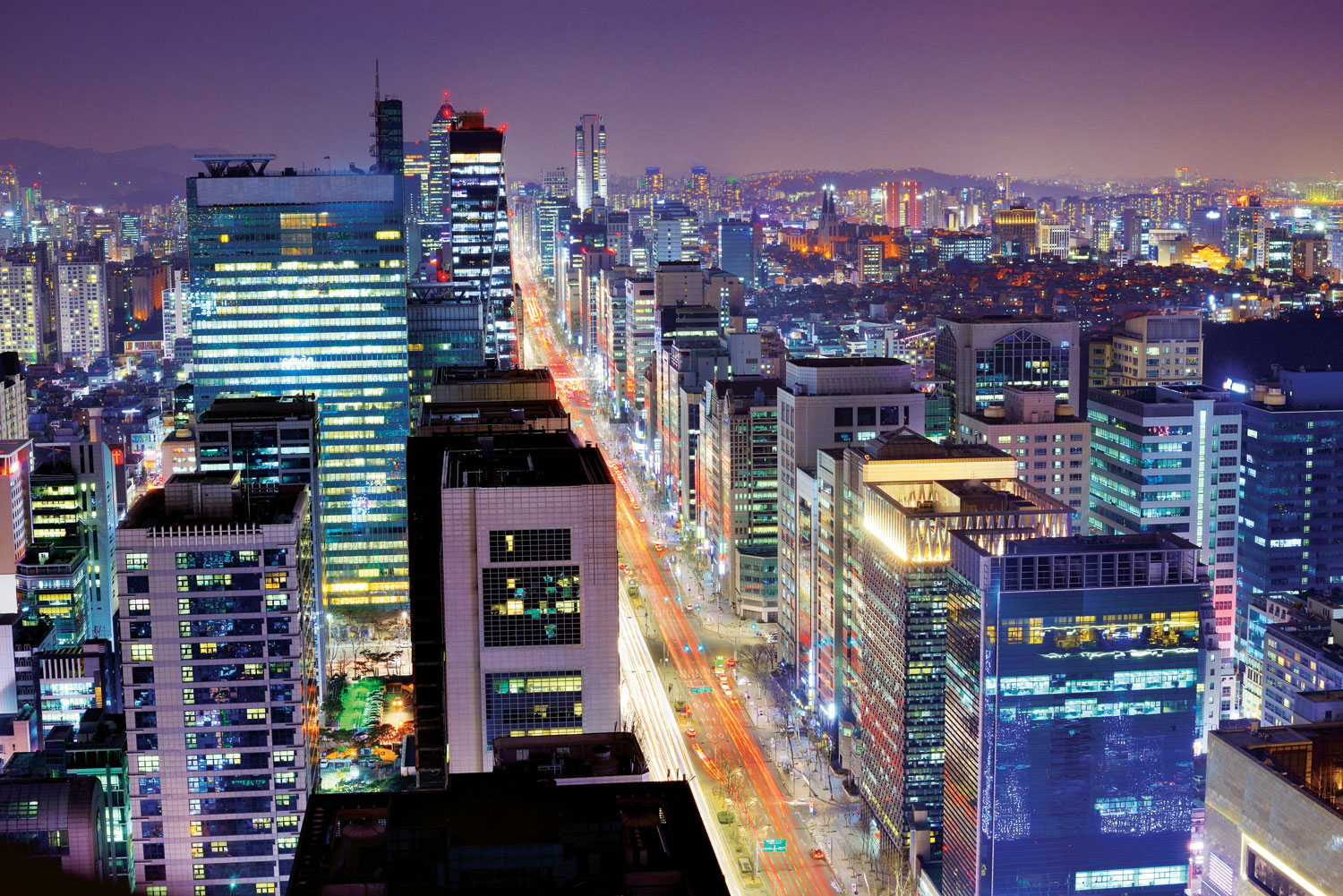 The Gangnam district in Seoul by night.