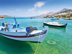 Azure waters surround Leros Island, Greece.