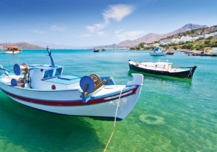 Azure waters surround Leros Island, Greece.