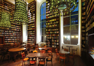 B2's bookish lobby features glass bottle chandeliers.
