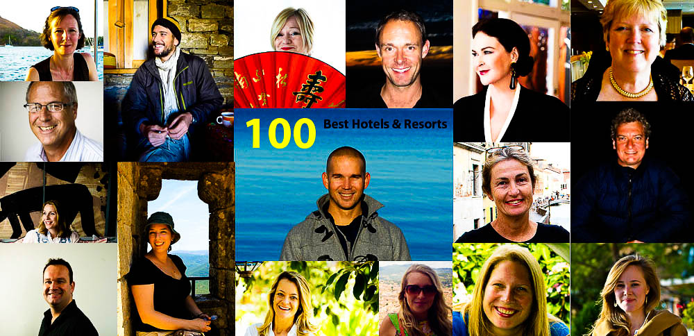 The Panellists for our 100 Best Hotels and Resorts countdown: (Clockwide from top left) Claire Wrathall, Darrell Hartman, Bev Malzard, Rob McFarland, Kirstie Clements, Linda Fasteson, Daniel Scott, Gabriel O'Rorke, Kathleen Squires, Rachel Beard, Melissa Biggs Bradley, Sunshine Flint, David Whitley, Juliet Kinsman, Jim Byers, (centre) Craig Tansley & Sue Gough Henly.