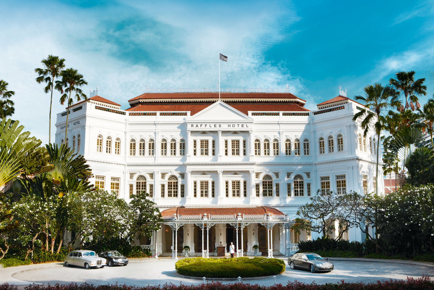 The exterior of Raffles Hotel, Singapore.