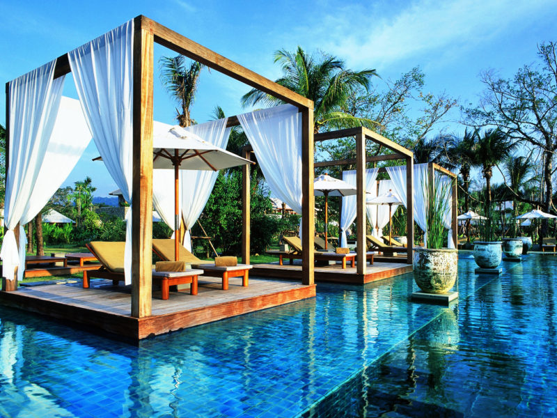 Poolside pavilions at The Sarojin resort in Khao Lak, Thailand.