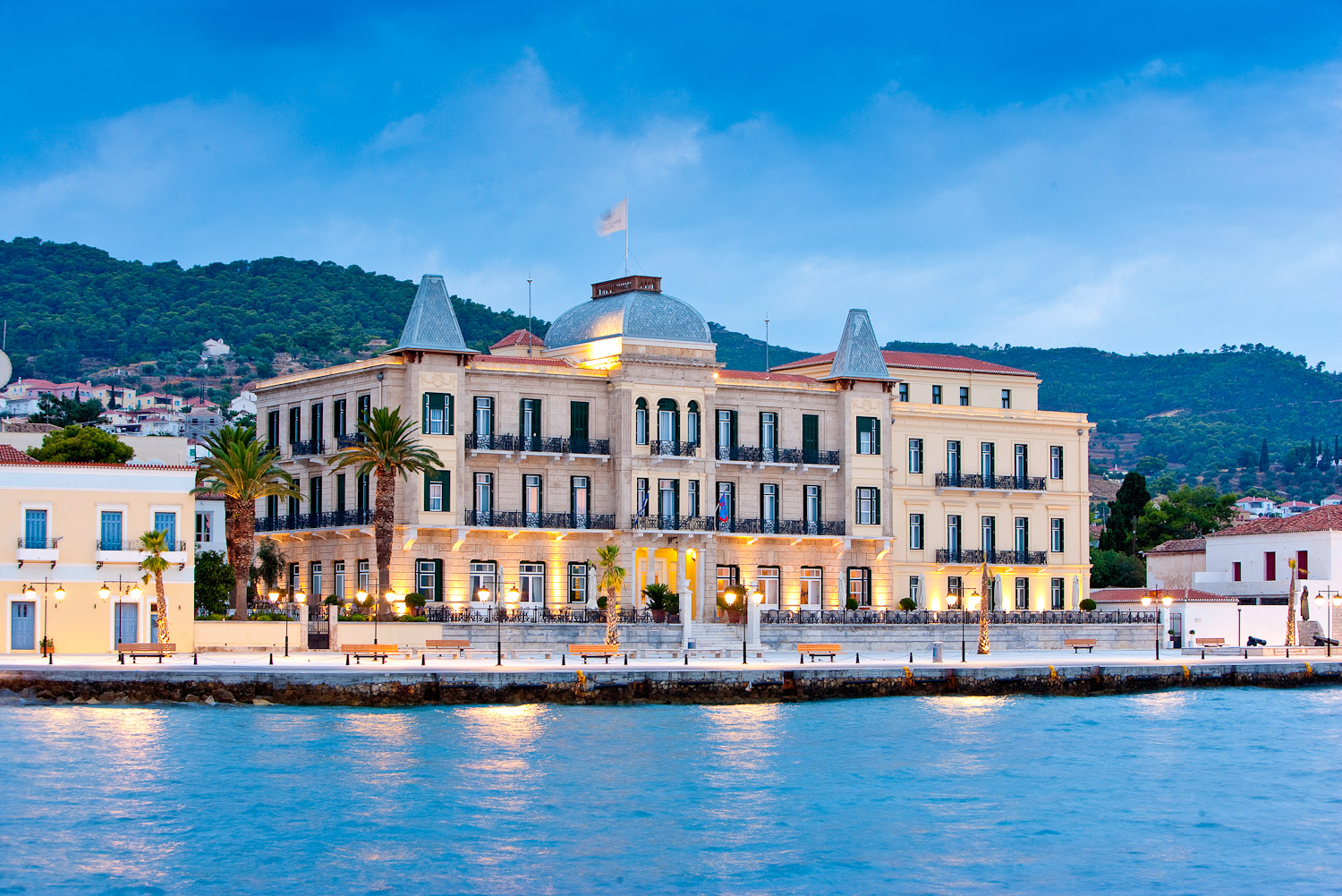 The architecture of Poseidonion Grand Hotel is reminiscent of southern France.