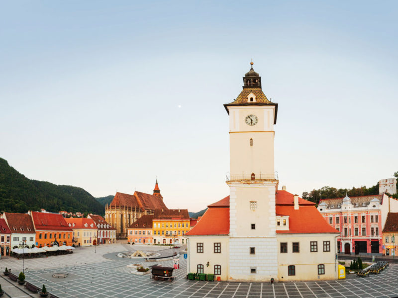 Front and centre - The clock tower overlooking Brasov's Council Square, Transylvania.