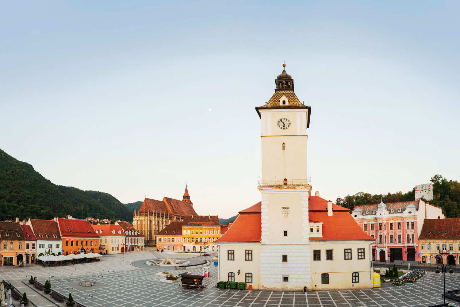 Front and centre - The clock tower overlooking Brasov's Council Square, Transylvania.