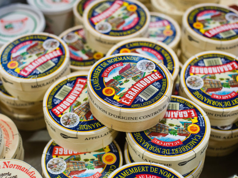 Boxes of Camembert de Normandie from Fromagerie Graindorge, France.