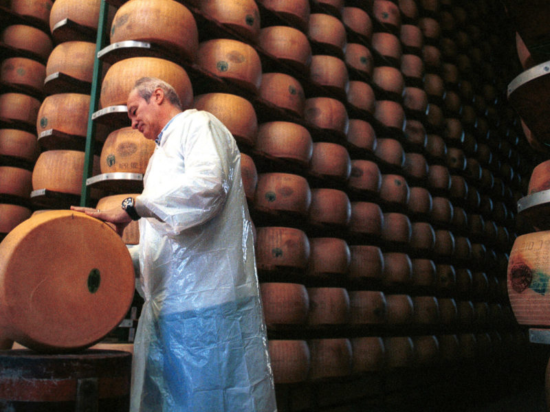 A consortium master checks the progress of the parmesan cheese for ageing in Parma, Italy.