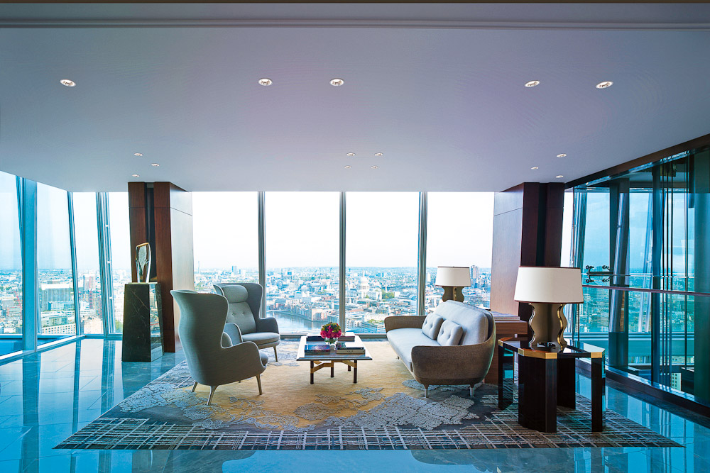 Sweeping views from the understated lobby of the Shangri La Hotel in London