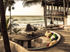 Beach bar and lounge at Papya Playa Project in Tulum, Mexico.