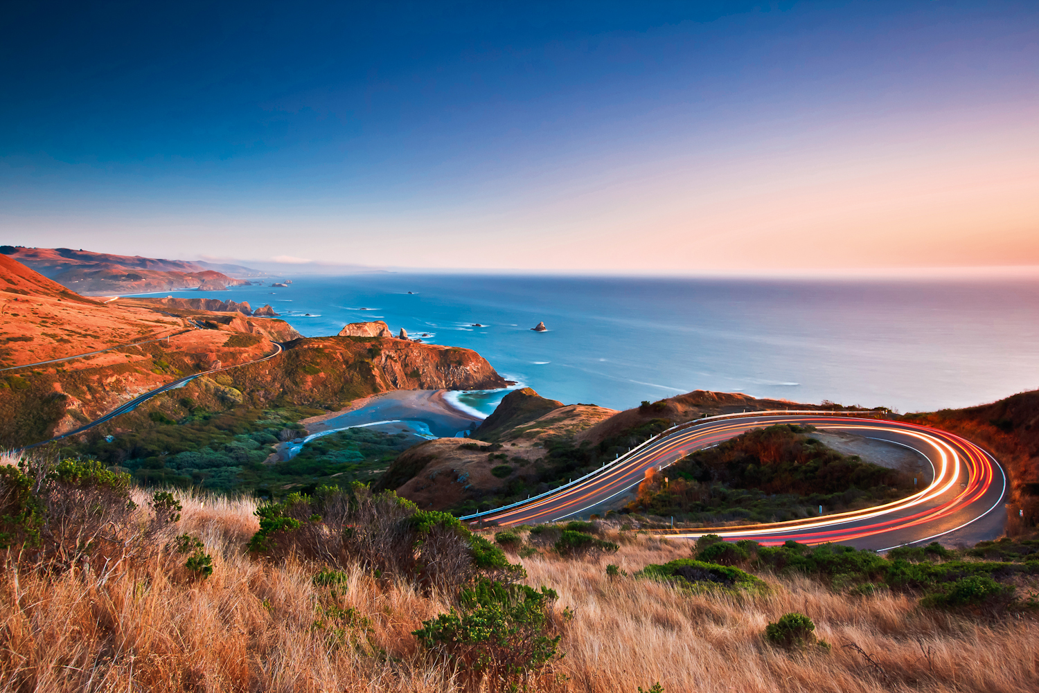 Sunset over California's Highway 1, Highway 101, Cabrillo Highway or the Pacific Coast Highway.