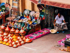 Street vendor selling moroccan handicrafts at Marrakech Medina