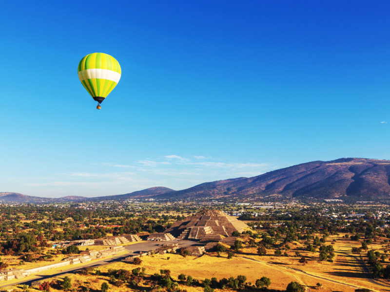 Hot air balloons above Teotihuacán, Mexico