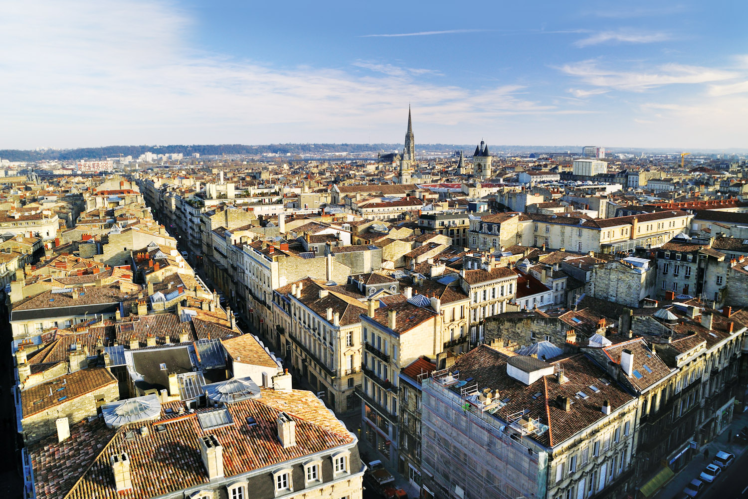 The historic city skyline of Bordeaux, France.