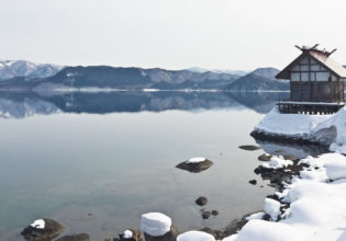 Shinto shrine on the shores of Lake Tazawa, Japan.