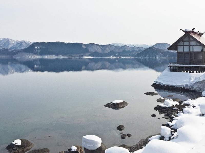 Shinto shrine on the shores of Lake Tazawa, Japan.