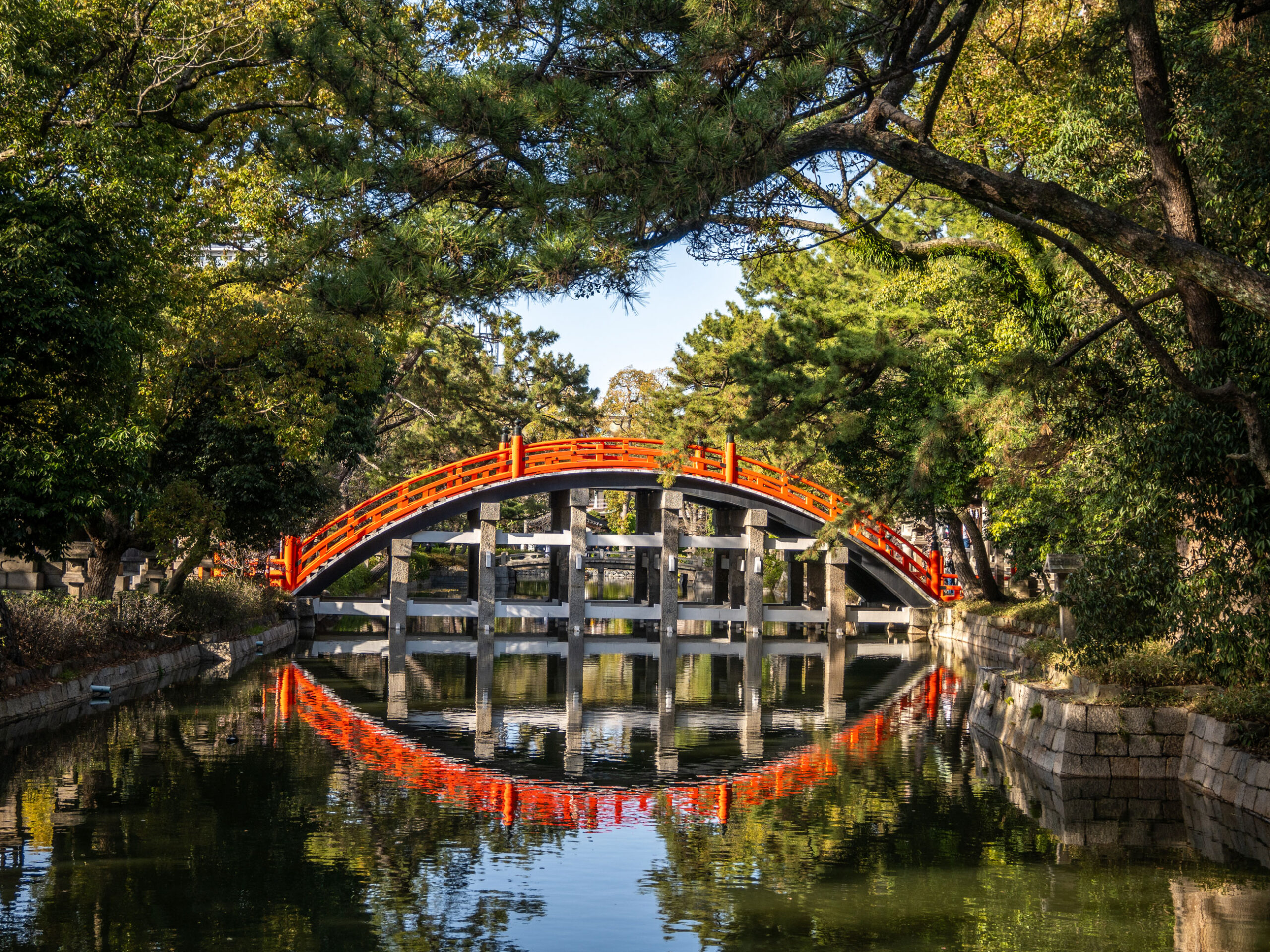Red Sumiyoshi Taisha Sorihashi Bridge in Osaka, Japan