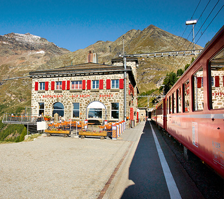 Alp Grüm station and hotel. Bernina Express, Switzerland