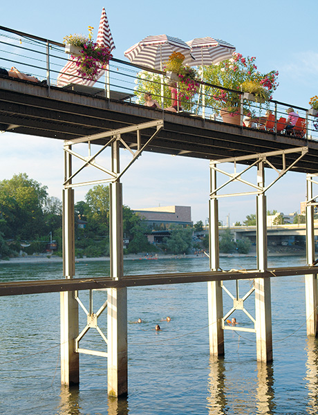 Swimming off the Rheinbad Breite, Basel Switzerland