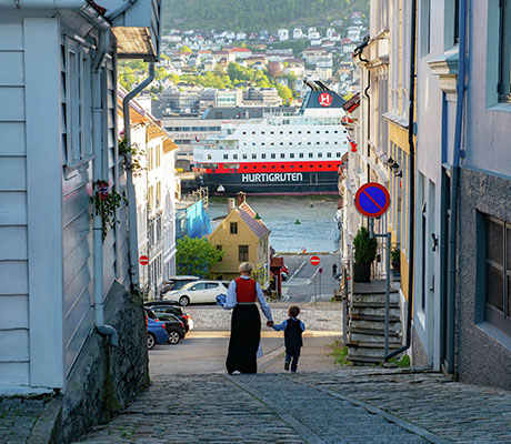 Hurtigruten ship in the distance, Bergen, Norway