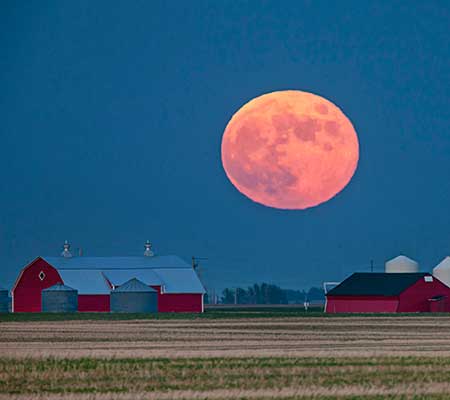 Full moon, farm houses, prairies, Saskatchewan, Canada