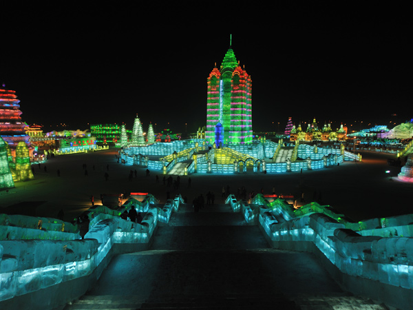lighted structures at the Harbin Ice Snow Sculpture Festival