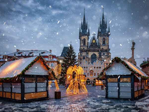 snowing in Prague Old Town