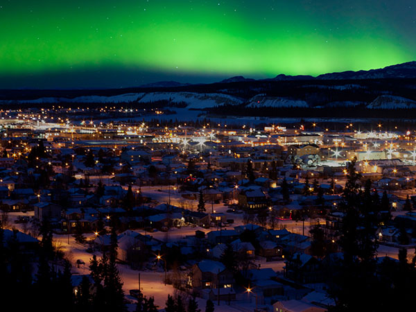 Northern light over downtown, Whitehorse, Yukon, Canada