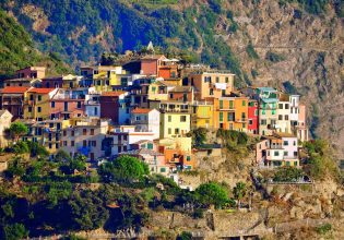 Houses on a hillside in the town of Corniglia, Liguria, northern Italy
