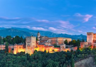 Alhambra during evening blue hour in Granada, Andalusia, Spain