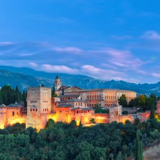 Alhambra during evening blue hour in Granada, Andalusia, Spain