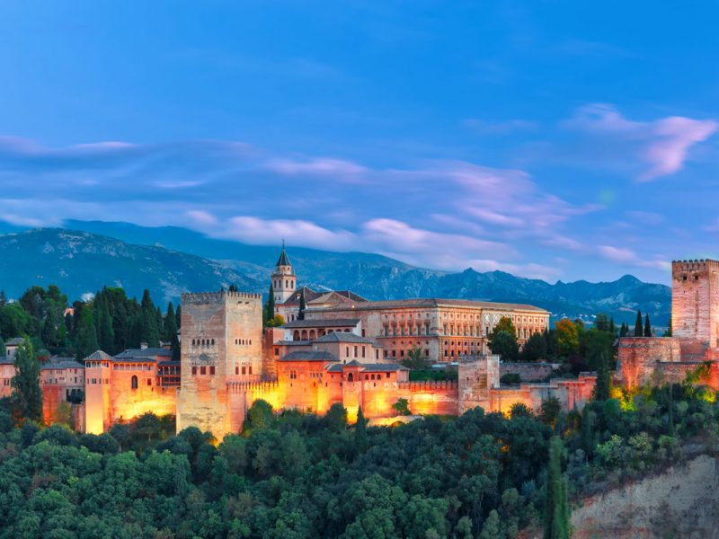 Alhambra during evening blue hour in Granada, Andalusia, Spain