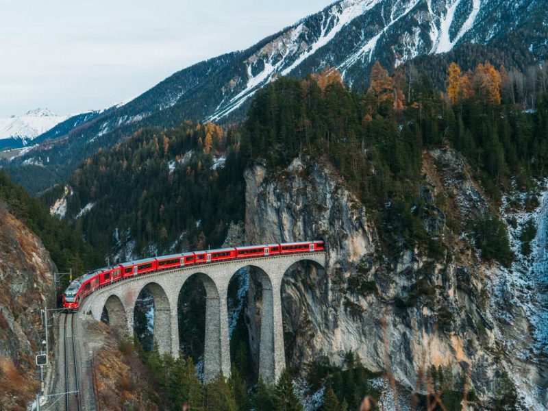 Scenic view of Glacier Express train on Landwasser viaduct in Switzerland