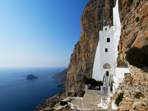 An 11th-century monastery embedded into the cliffside in Amorgos, Greece
