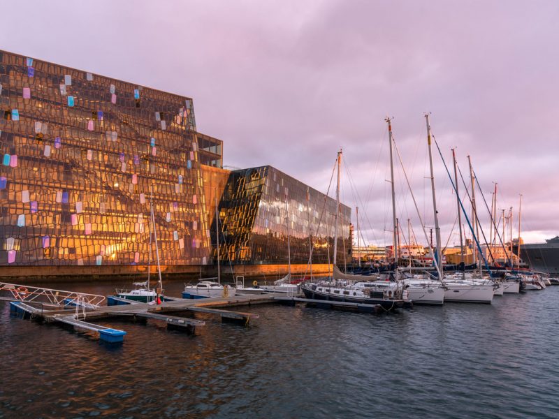 Midnight sun Reykjavik Iceland harbour