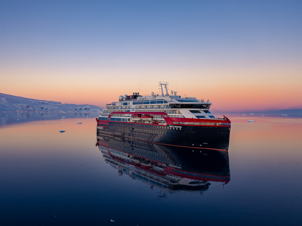 Hurtigruten's MS Roald Amundsen sailing in Antarctica