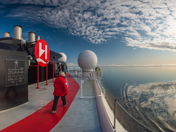 Wide angle view of Hurtigruten's MS Roald Amundsen's deck