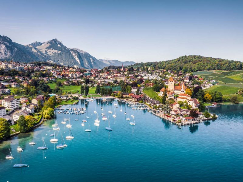 Spiez castle by lake Thun in Canton of Bern, Switzerland