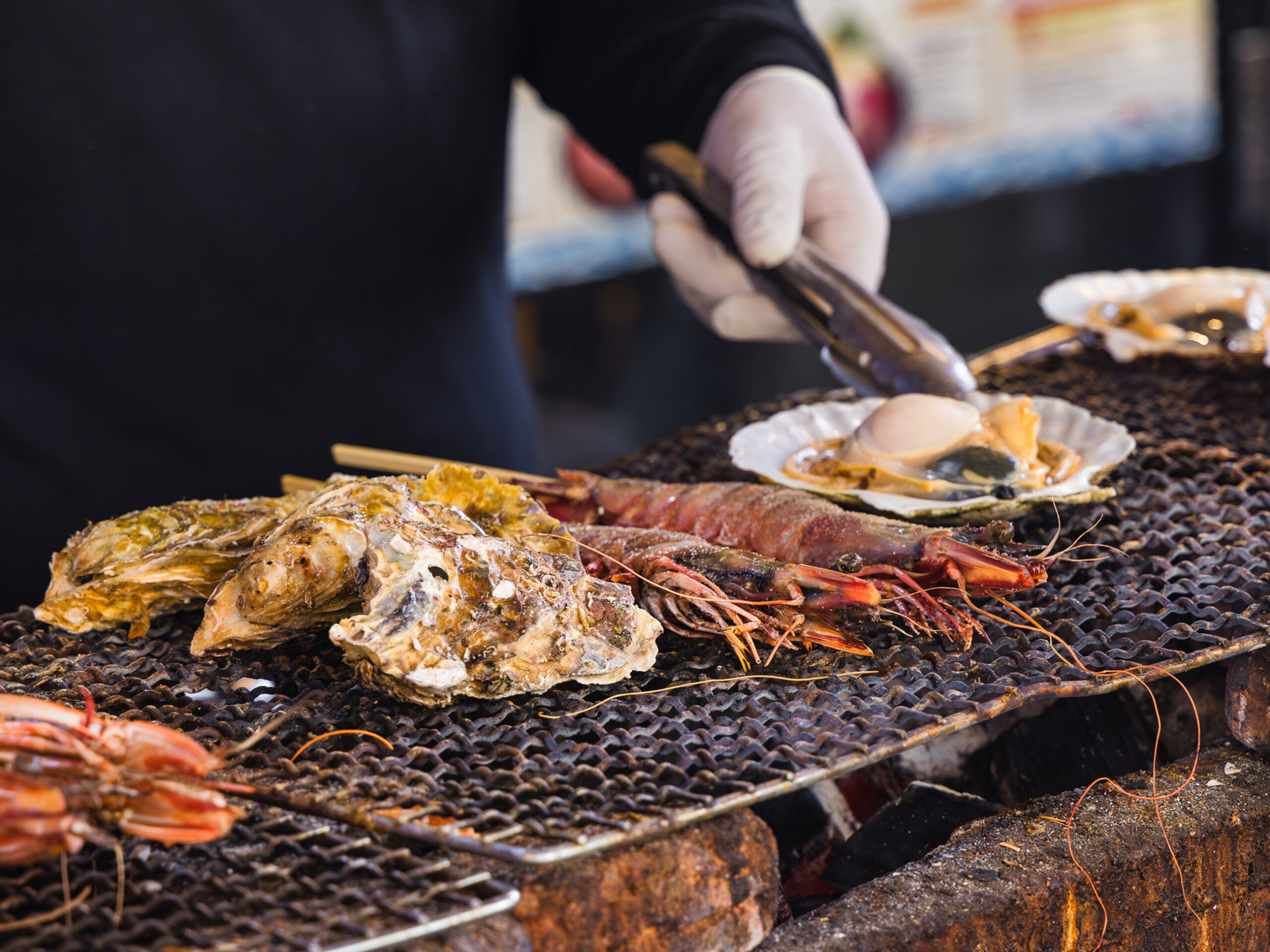a seafood grill at Tsukiji-market in Tokyo