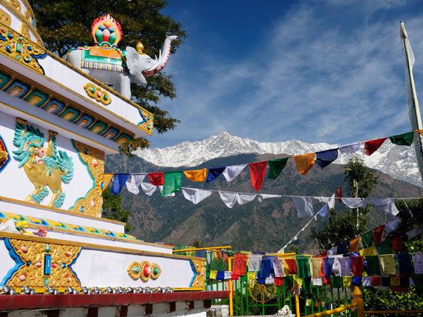 colourful flags waving outside Kalaczakra Temple