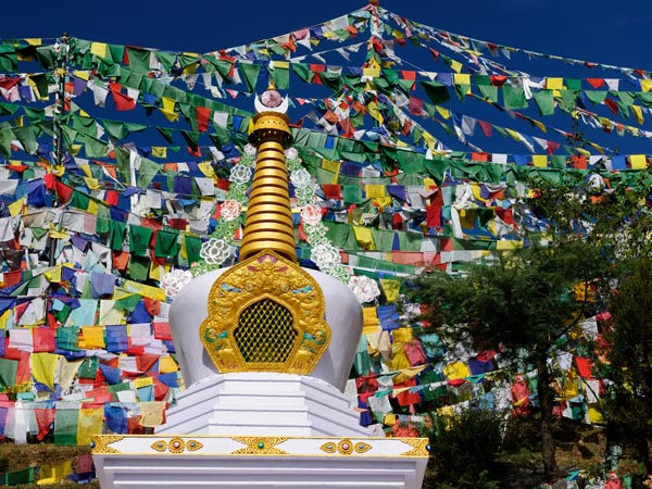 colourful prayer flags waving at Kalaczakra temple