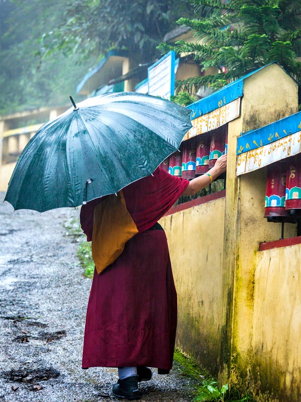 a monk walking with his umbrella at Tsuglagkhang Complex