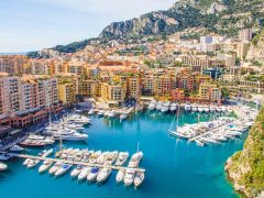 an aerial view of boats docked at the Fontvieille district in Monaco