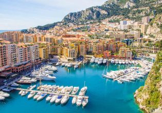 an aerial view of boats docked at the Fontvieille district in Monaco