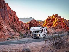 Driving sunset, Motorhome road trip, Nevada, USA