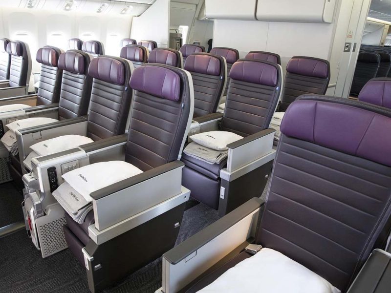 empty seats inside the cabin at United Airlines’ Premium Plus